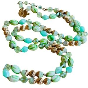 Vendome Signed regal Necklace VTG green crystal glass jeweled beaded 60s 34"